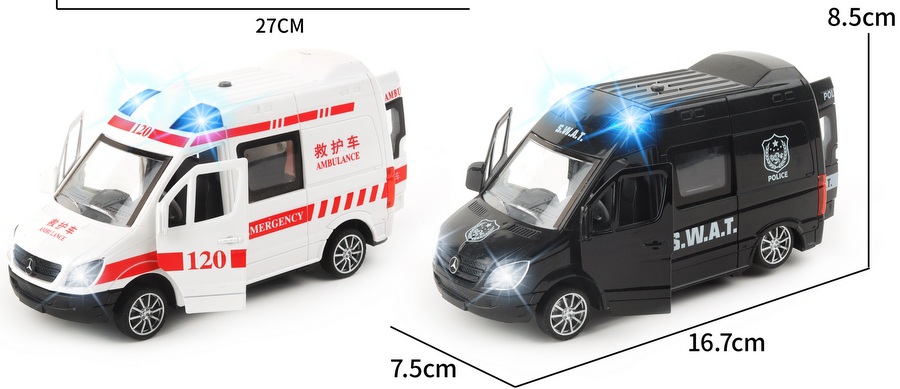 Метален Микробус Полиция и Пожарна със Светлина, Звук и Въртене 13×6×15 см Мащаб 1:32